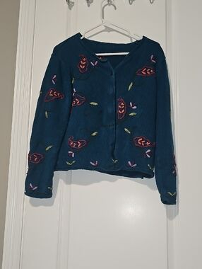 * Teal Embroidered Floral Button-Up Cardigan